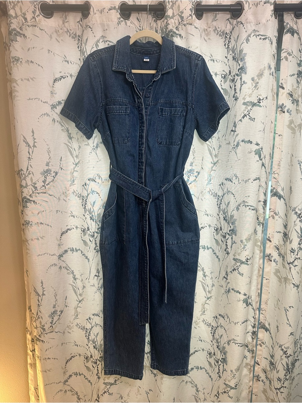 Old Navy Dark Blue Denim Short-Sleeve Jumpsuit with Tie Waist